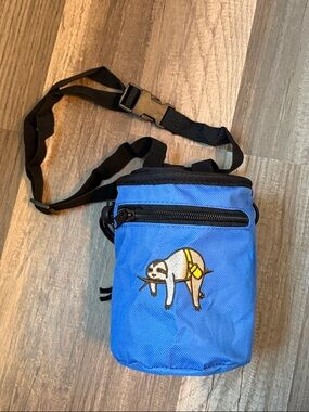 NWOT Chalk Bag with Sloth Embroidery Blue, Adjustable Belt Strap